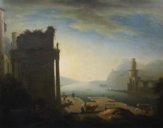 After Claude Lorrain (1600-1682) Harbour scene with cattle drover, sheep and other figures 27 x 35in.